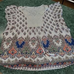 DR2 Women’s Size Large Geo Floral Blouse Flutter Sleeve Crochet Boho Tassels